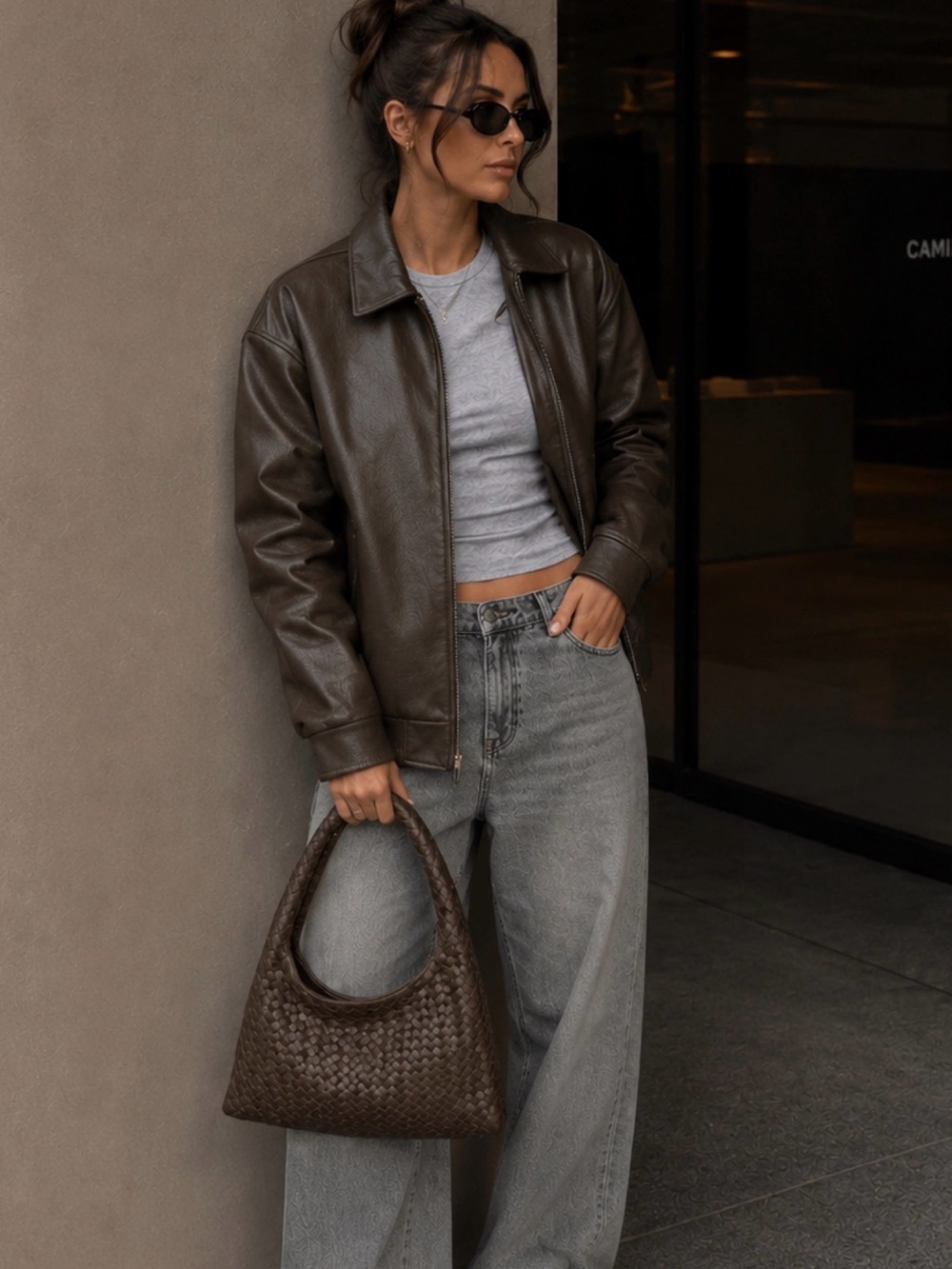 Walter Baker Woven Shoulder Bag with Detachable Wristlet Brown Bottega Inspired